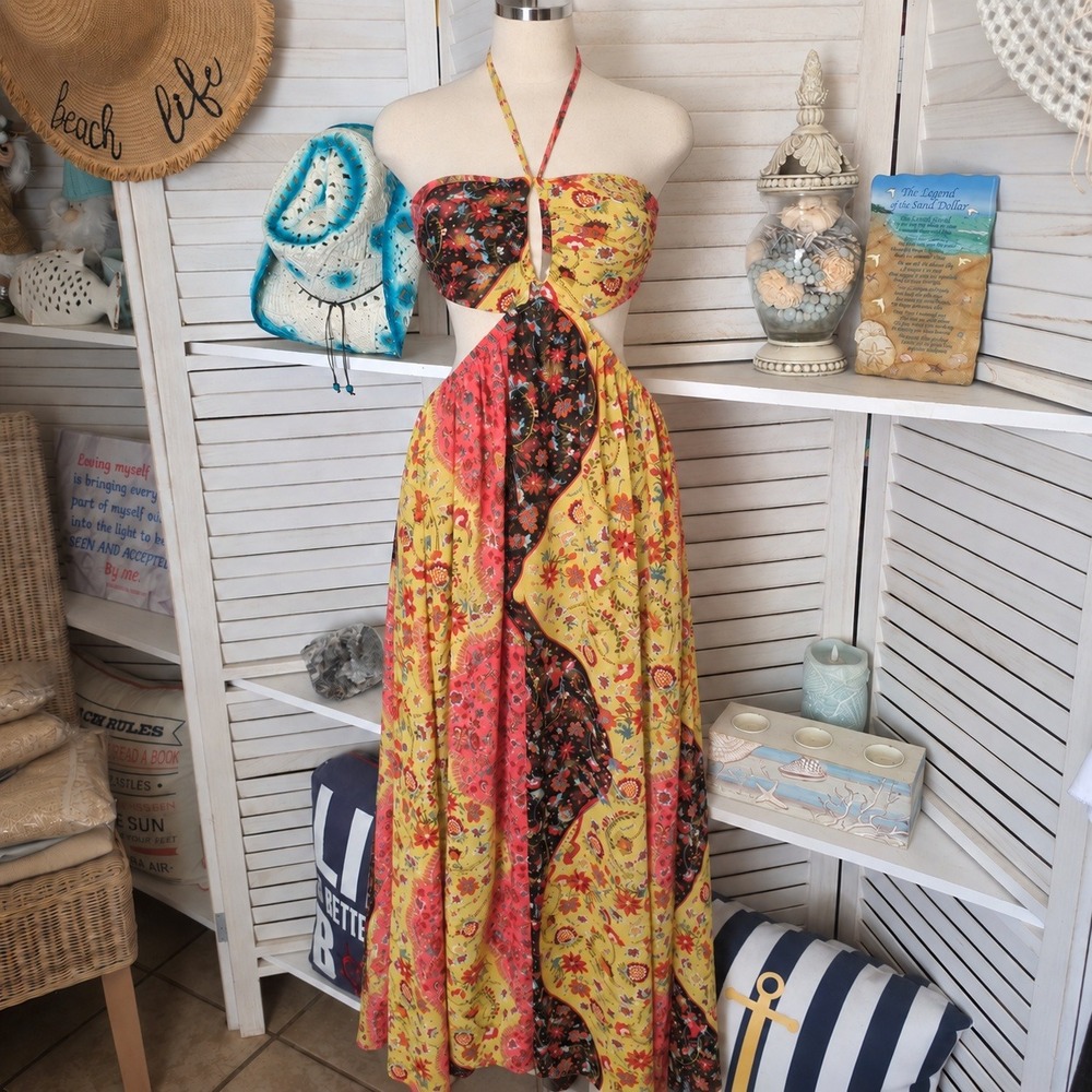 SHEIN Curve 2XL Floral Patchwork Cutout Halter Maxi Dress Yellow Pink Boho